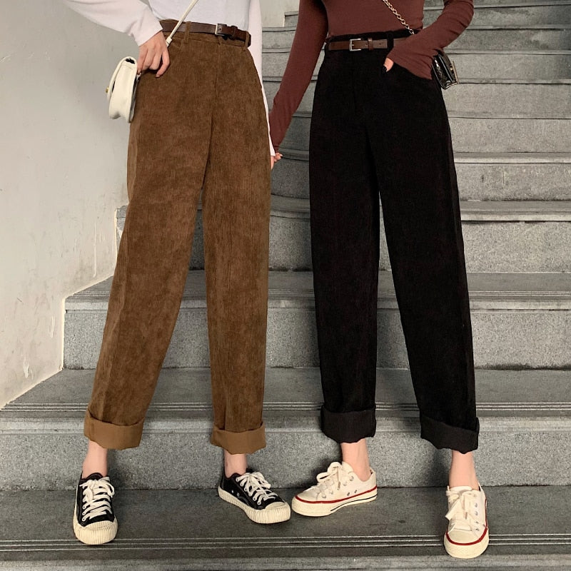013-New 2021 High Waist Corduroy Wide Leg Pant Women Vintage Full Length Trousers With Belt Woman Loose Casual Bottoms Pants Mujer