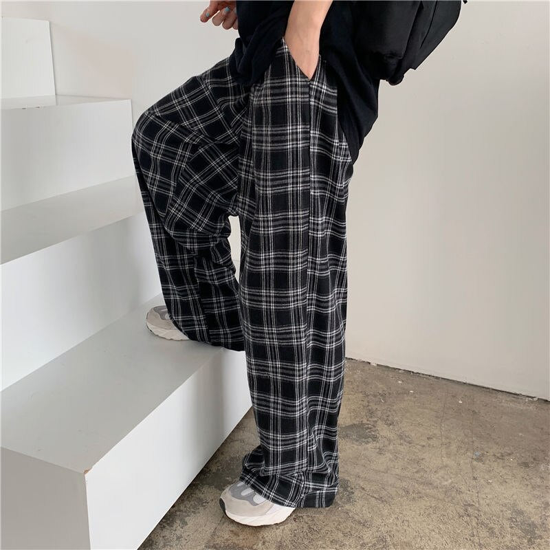 014-Oversize 3XL Plaid Pants Women Casual Loose Wide Leg Trousers Womens Vintage Full Length High Waist  Schoolgirls Streetwear 2021
