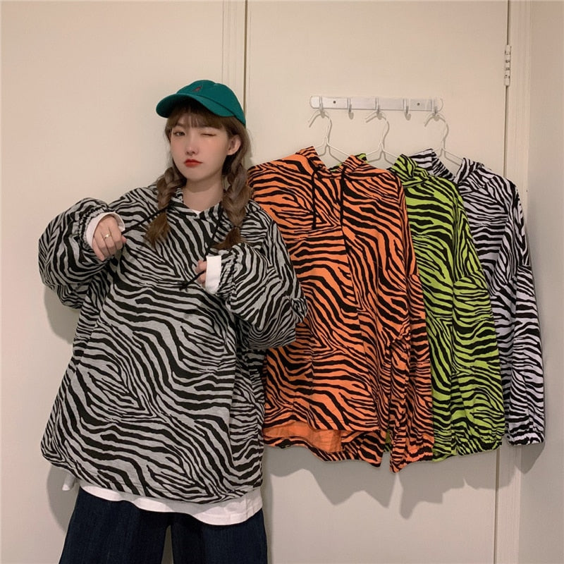 Zebra Pattern Oversized Hoodies Female Casual Long Sleeve Thin Sweatshirts Women Harajuku Loose drop Shoulder Streetwear Women