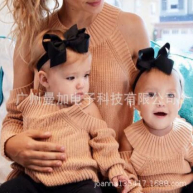 European and American new top high neck off-the-shoulder long sleeve sweater parent-child sweater knitting sweater Amazon woman
