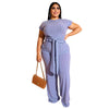 Hot Solid Color Crop Top And Pants Plus Size Woman Two Piece Outfit Sets For Casual Daily Clothing