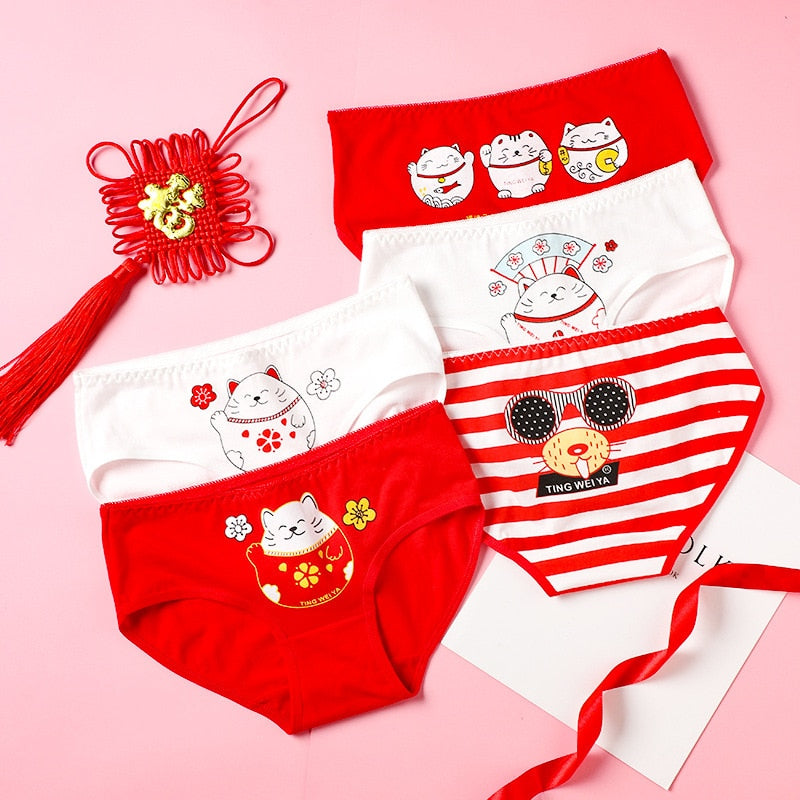 Women underpants New Year Style China red cotton underwear female casual cat pattern panties girl briefs ladies sexy lingerie