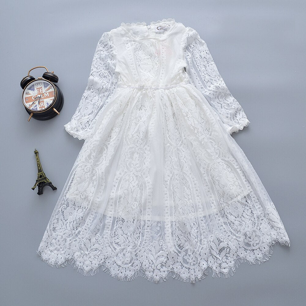 2020 New Fairy Girls Lace Dress White Long Sleeves Princess Children Baby Girl Dress Baby Girl Clothes Kids Dresses For Girls
