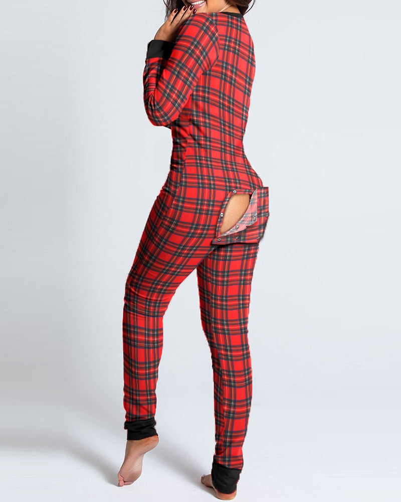 2021 New Year Christmas Plaid Functional Buttoned Flap Printed Adults Pajamas Suit One Piece Sleevewear Detachable Jumpsuits