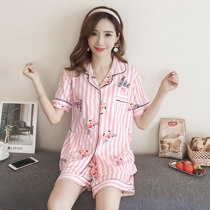 Pajamas for Women Short Sleeve Sleepwear Loungewear Satin Pyjamas Cartoon Summer Home Wear Ladies Silk Nightwear Set