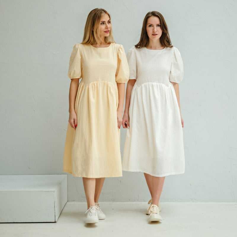 Toppies 2021 Summer Polka Dot Dress Woman White Yellow Midi Dress Loose Short Sleeve Tassel Dresses