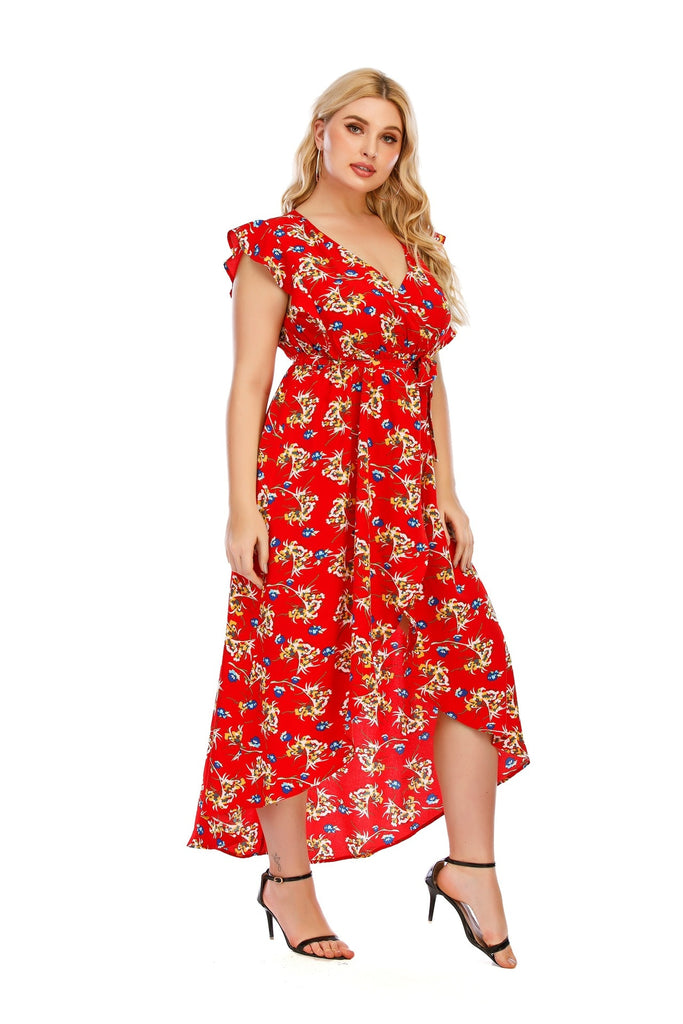 Plus Size Red Dress Slit Ruffle Sleeve Irregular Elegant Dresses 2021 Women's V-Neck Print Ankle Skirt High Waist Belt Party
