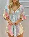 Summer Women Color Striped Button Front Blouse Dress Casual Vacation Dress