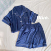 Women Lapel Pajama Set Casual Solid color Sleepwear Summer Ice Silk Satin Blue Short Sleeve Home Ladies nightgown