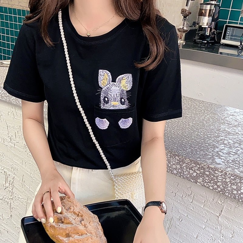 Women Summer T-shirts Short Sleeve Fashion Top Ladies harajuku Rabbit embroidery T Shirt Female black White Tee