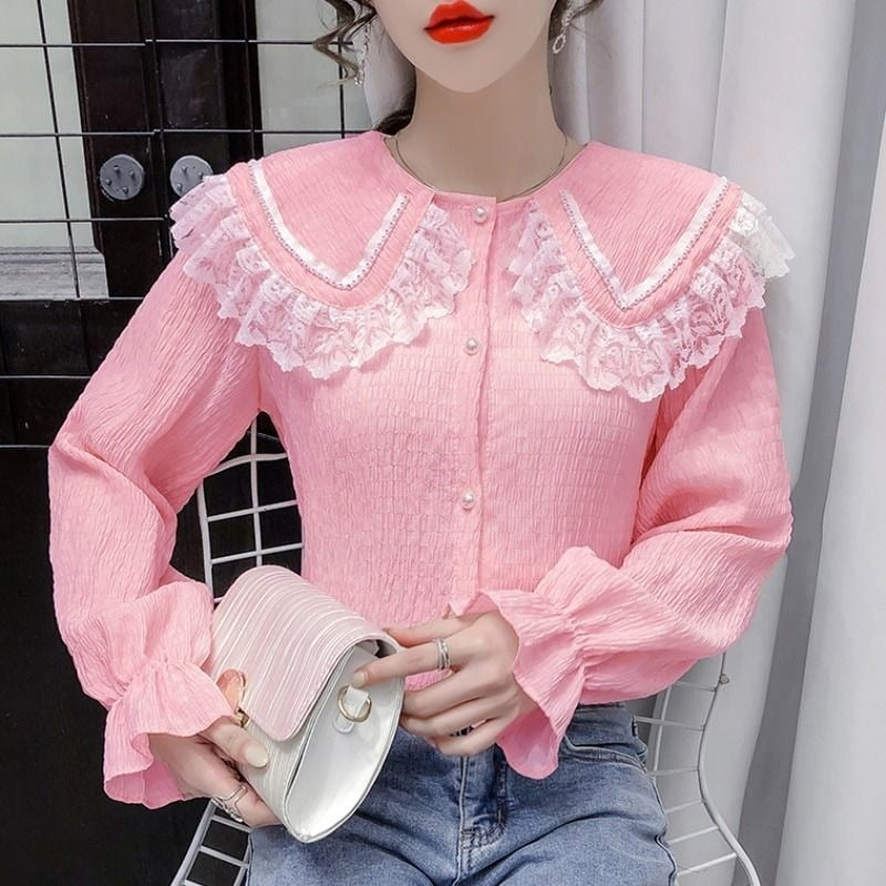 Lace doll collar long sleeved shirt blouse womens spring and autumn design was thin solid color trumpet sleeve shirt blouse