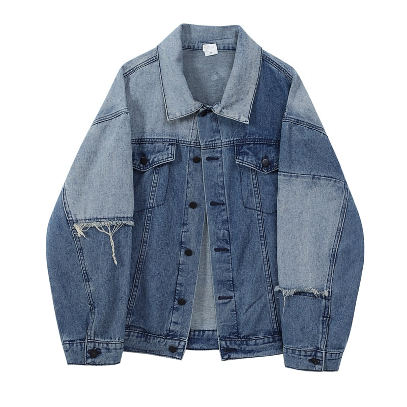 Stitching contrast color denim jacket female design sense niche spring blue shirt ins tide long denim coat