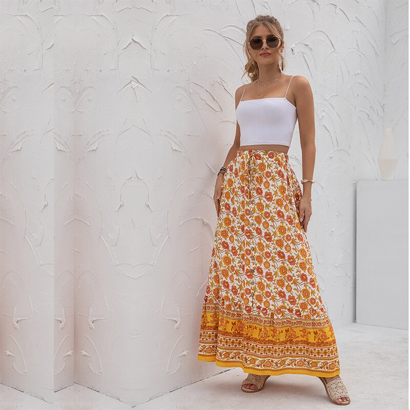Summer Floral Print Chiffon Beach  Skirt 2021 Women Vintage Slit High Waist Sundress Woman Bohemian Vacation Long Skirts Mujer