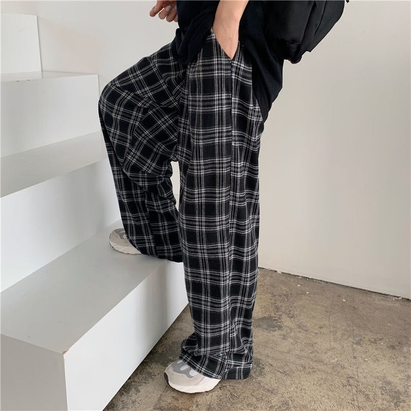 014-Oversize 3XL Plaid Pants Women Casual Loose Wide Leg Trousers