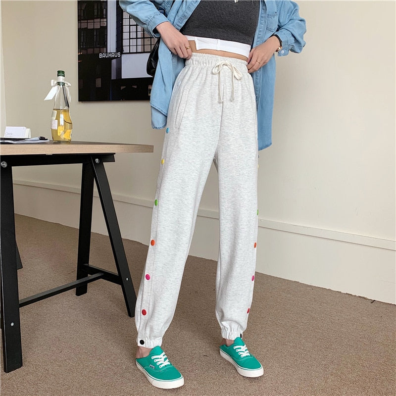 2021 Fall Women's Casual Sweat pants Solid Color Trousers Rainbow Button-breasted Elastic Waist Pant Loose joggers womens Spring
