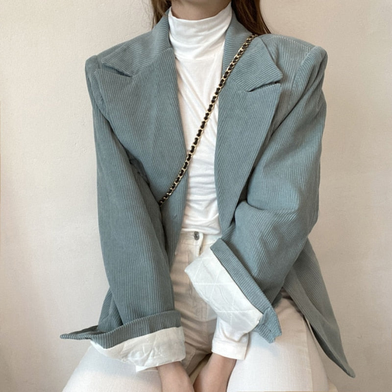 New Fashion 2021 Corduroy Blazers Women Notched Collar Long Sleeve Blazer Jacket Female Korean Casual Autumn Coats Tops Mujer