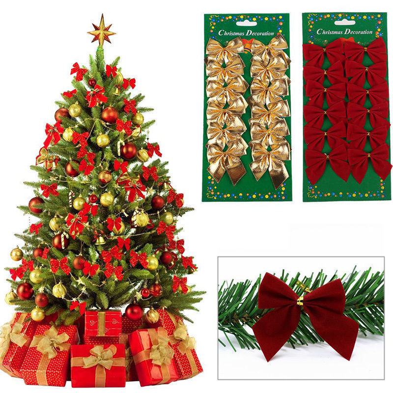 12 Pcs Santa Claus Pretty Bow Xmas Tree Ornament Baubles Bowknots Baubles Home Ornaments Christmas Decoration For Home