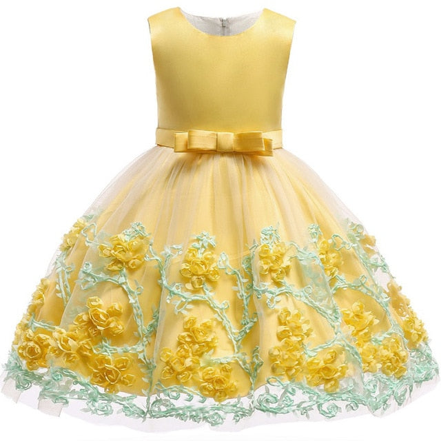 Girls Floral Party Dress - Yellow