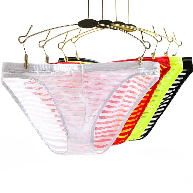 Men's sexy underwear Transparent stripes briefs Male causal underpants gay pants Man shorts summer Breathable underwear 2019