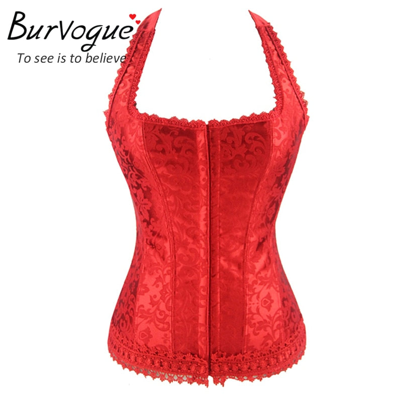Burvogue shaper woman corset black red lace bustier tops with straps corselet fashion halter neck overbust corset lace